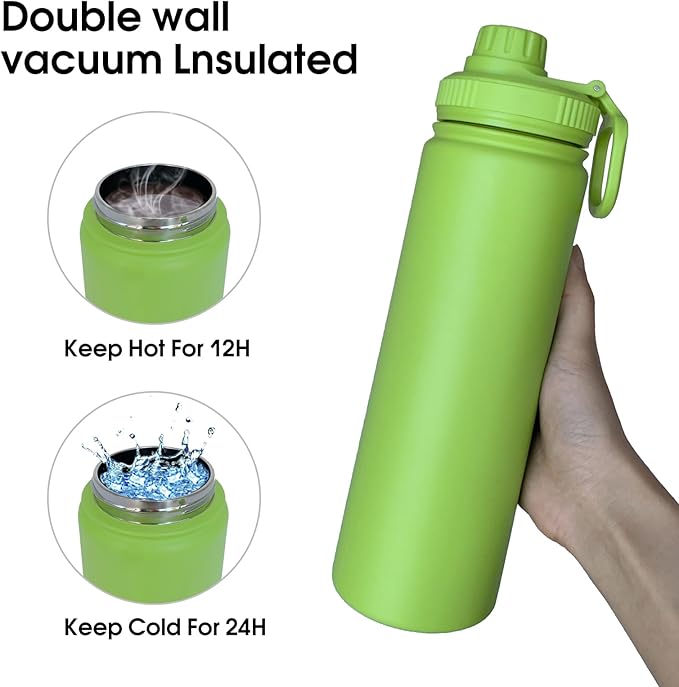 22oz Insulated Water Bottle ,Stainless Steel Sports Water Cup Flask with 2 Lids, Wide Mouth Travel Thermal Mug,Outdoor Sports Bottle(Lemon Green)