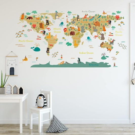 Animal World Map Wall Stickers Cartoon Lion Bear Travel Wall Decals Peel and Stick Removable Wall Stickers Baby Kids Bedroom Nursery Toddler Room Living Room Wall Sticker Decor