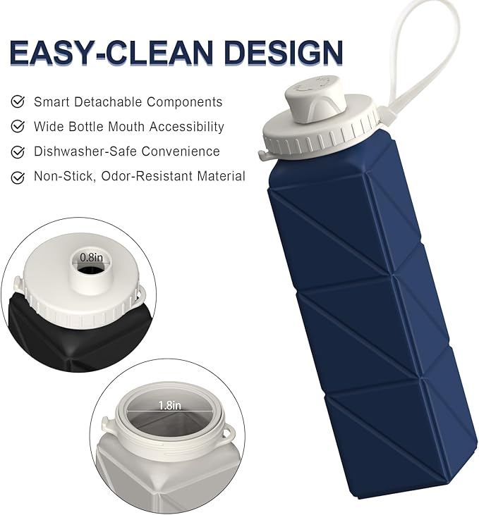 Collapsible Water Bottles, Silicone Foldable Portable Water Bottle 610ml, Lightweight Reusable Leakproof for Sports and Outdoor, 1 Pack (Dark Blue)
