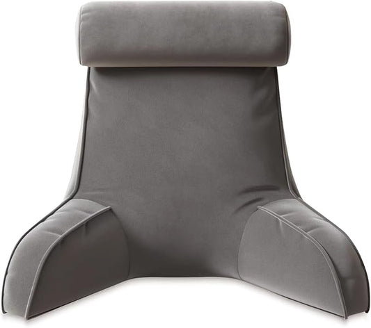 Reading Pillow for Bed Adult Size, Back Pillow for Sitting in Bed, Shredded Memory Foam Bed Chair Pillow with Arms, Pockets, Washable Cover (Dark Grey, Large)