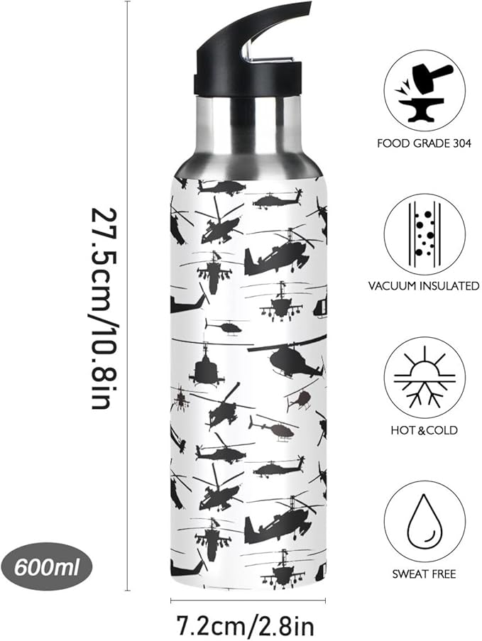 Helicopter Stainless Steel Water Bottle with Straw Lid - 20 Oz Sports Insulated Water Bottle Thermos for Sport Gym Outdoor Travel School