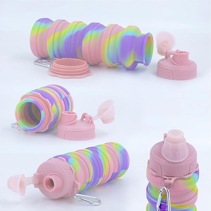 Collapsible Water Bottles Two Pack Travel Sports Portable Sport Water Bottle comes with mountaineering Buckle 500ml silicone Water-proof camping water bottle (Pink and purple Color)