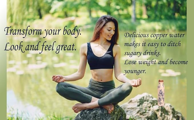 Pure Copper Water Bottle - Handcrafted - Ayurveda health benefits - Large 35 oz - Leak proof - Easy to carry for Sports, Fitness, Yoga, School - White Base Petals Vines Motifs Enamel