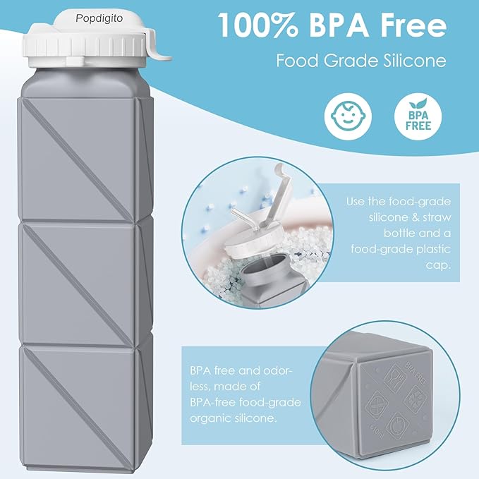 Collapsible Water Bottles,BPA-Free Leak-Proof Silicone Foldable Water Bottle Cup 20.6oz,Durable Lightweight Bottle for Gym Travel Camping Hiking Running (Type2 Pink+Nave Blue+Green+Grey)