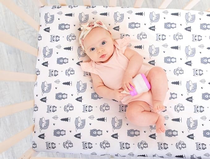 4 Pack Woodland Forest Animals Wood Neutral Unisex Fitted Baby Crib Sheets Set for Baby Boys or Girls Black and White