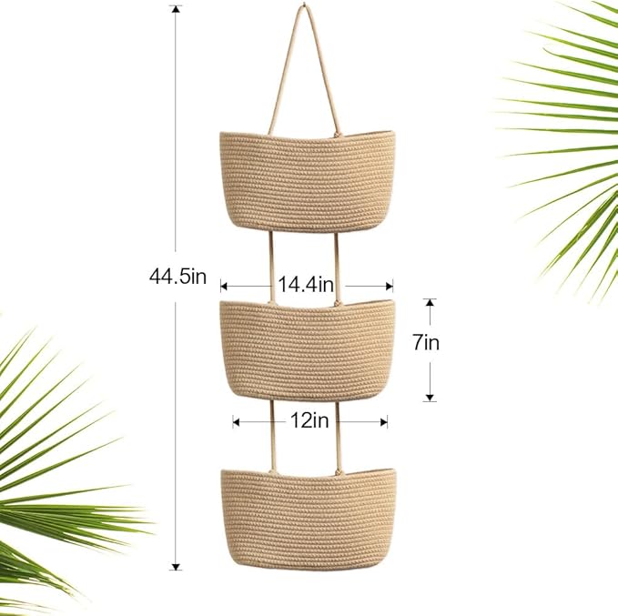 TeoKJ Over the Door Hanging Basket, 3-Tier Woven Cotton Wall-Mounted Storage Organizer Bag Decorative Hanging Nursery Baskets - Jute