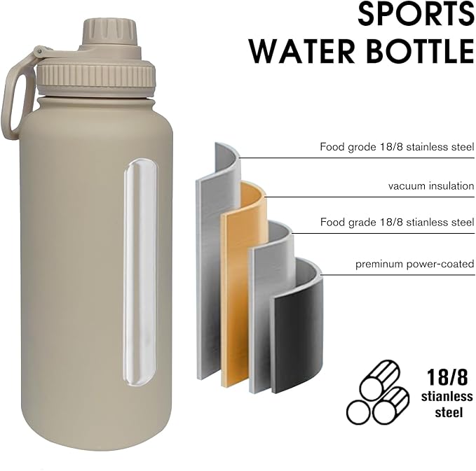 32oz Insulated Water Bottle ,Stainless Steel Sports Water Cup Flask with 2 Lids, Wide Mouth Travel Thermal Mug,Outdoor Sports Bottle(Cream apricot)