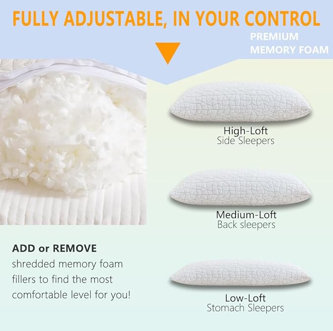 Shredded Memory Foam Pillow, Standard (1-Pack), Adjustable Bed Pillow for Side Back Stomach Sleepers,Comfy Cooling Pillow for Sleeping with Washable Cover…
