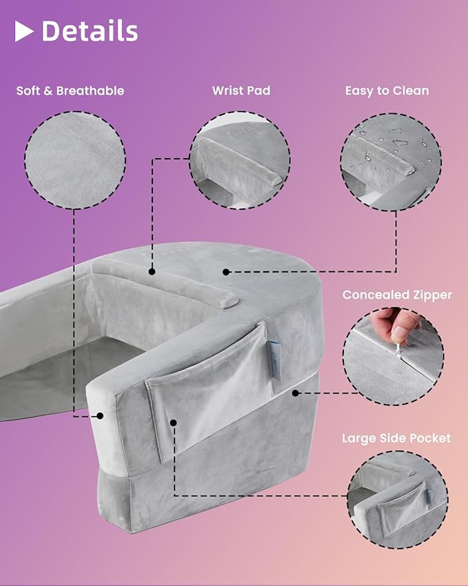 Weighted Idea Reading Pillow for Gaming, Meduim Gaming Pillow for Adult,Table Pillow with 2 Side Pockets for Gaming, Reading, Working Sitting in Bed Floor Sofa (Grey)