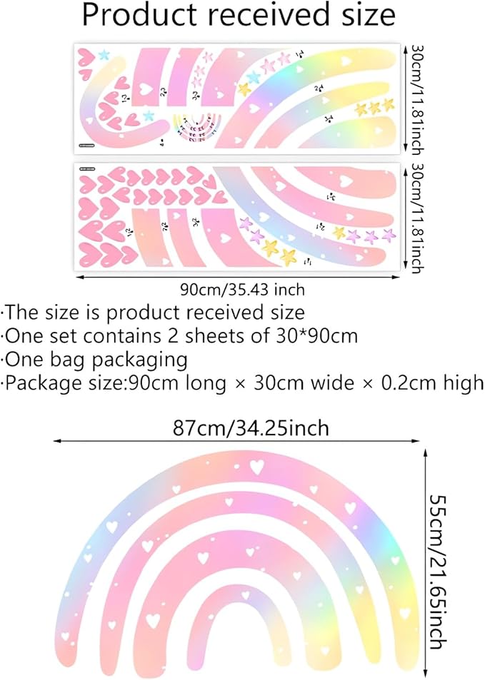 Pink Rainbow Love Heart Stars Wall Sticker Wall Stickers, sacinora Large Dazzle Art DIY Wall Decals Removable Vinyl Peel and Stick for Kids Baby Nursery Bedroom Playroom Kindergarten Home Decorations