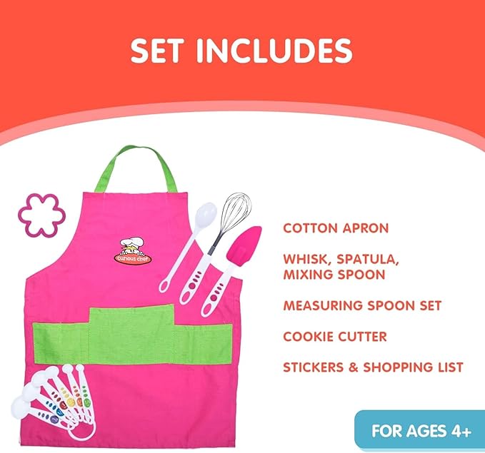 Curious Chef 11-Piece Pink and Green Chef's Kit for Kids, includes Real Cooking and Baking Tools, Dishwasher Safe and Made with BPA-Free Plastic