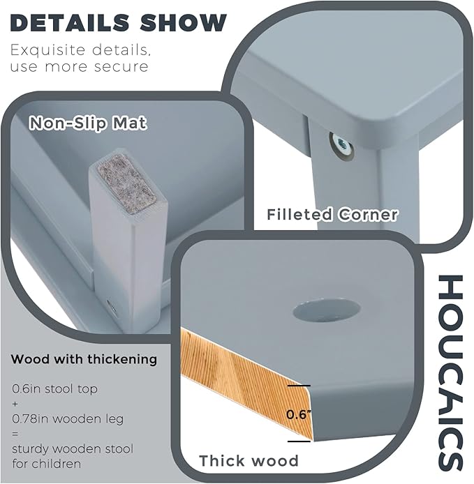 HOUCHICS Wooden Step Stool for Kids,Solid Birch for Kitchen Bedroom Living Room Bathroom Toilet Nursery Toddlers Potty Training Stool with Non-Slip Pads and 220lb Load Capacity (Gray