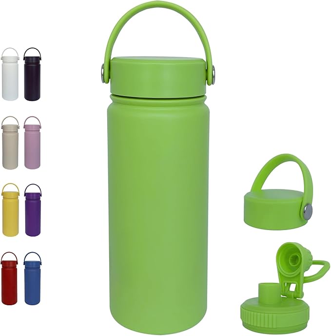 18oz Insulated Water Bottle ,Stainless Steel Sports Water Cup Flask with 2 Lids, Wide Mouth Travel Thermal Mug,Outdoor Sports Bottle(Lemon Green)