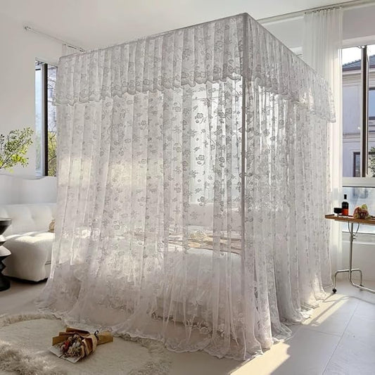 Elegant Princess 4 Corner Post Mosquito Net Romantic for Girls Women Bed Curtain Canopy for Adult Wedding Bedroom Kids Rooms Decoration (Type2-Beige-White, California King)