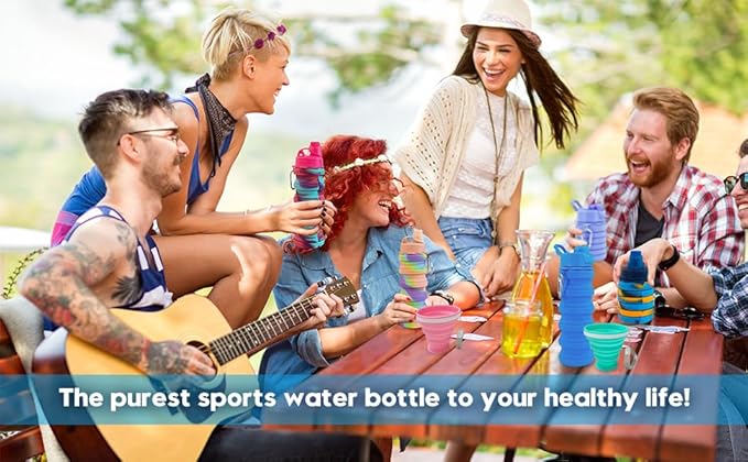 Collapsible Water Bottles 500 ml with silicone collapsible cup 200 ml.Travel Water Bottle Portable Hiking Water Bottle Reusable BPA Free Silicone Water Bottles. (Purple+Pink)