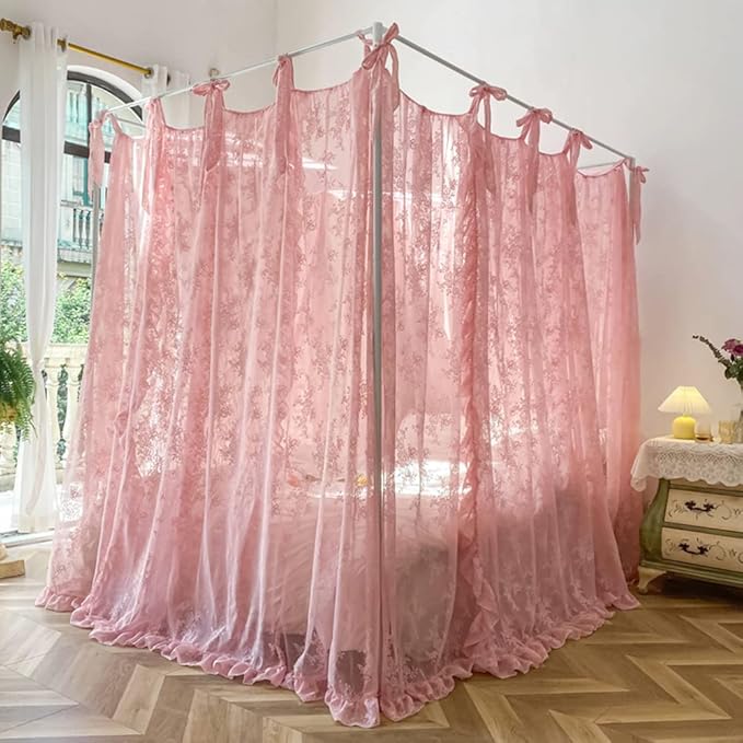 Mengersi Canopy Bed Curtains with Tie Backs,Princess Bed Canopy Curtains Bed Drapes Sheer Curtains for Bedroom Decor(Full,Pink