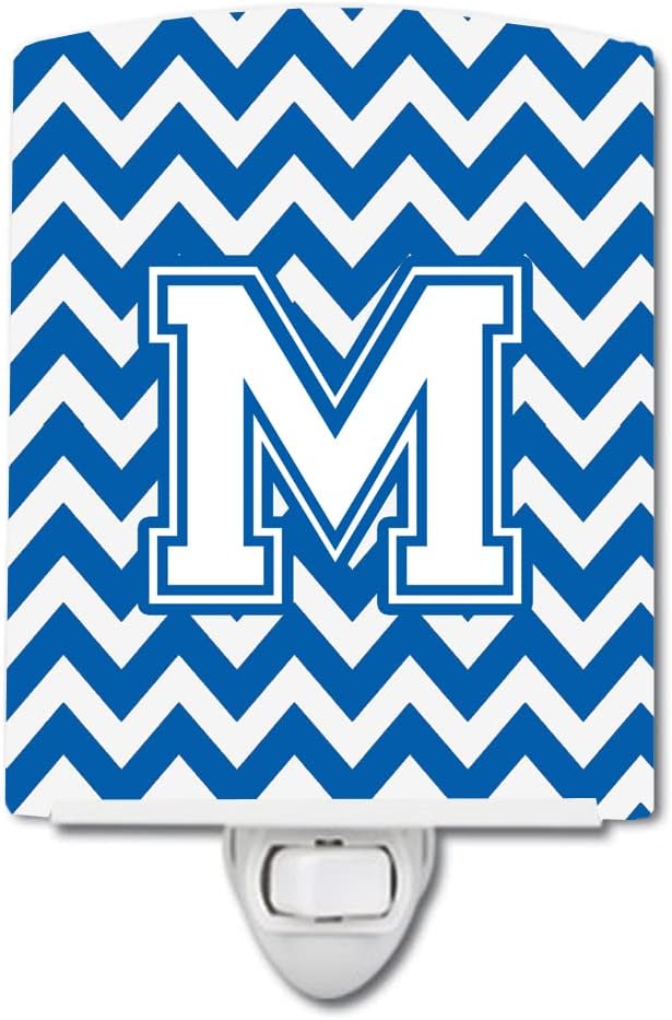 Caroline's Treasures CJ1045-MCNL Letter M Chevron Blue and White Ceramic Night Light Compact, UL-Certified, Ideal for Bedroom, Bathroom, Nursery, Hallway, Kitchen, 6x4x3, Multicolor
