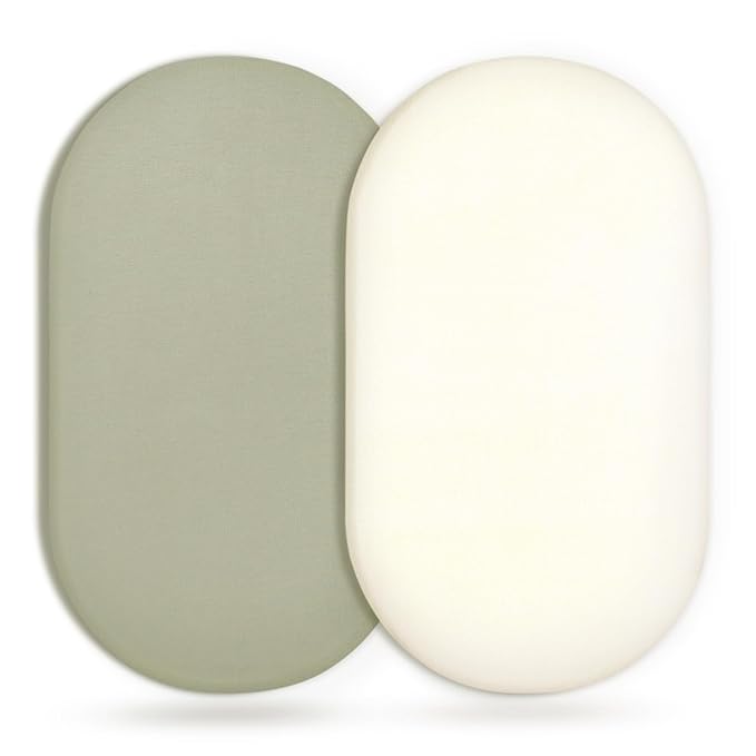 GRSSDER Stretchy Ultra Soft Fitted Bassinet Sheet 2 Pack, Universal Fit for Bassinets Baby Cradle Moses Basket Oval Rectangle Mattress Safe and Snug, Jersey Bassinet Sheets for Girls, Cream/Sage
