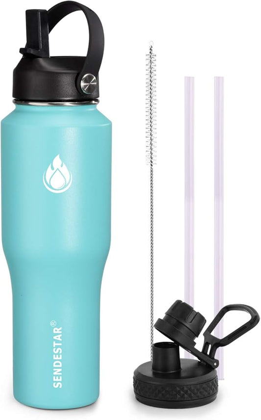 SENDESTAR Water Bottle 32oz,2 Lids(Straw lid),Wide Mouth Stainless Steel Vacuum Insulated Double Wall Keep Liquids Cold or Hot All Day,Sweat Proof Sport Design,Fit Car Cup Holder(Mint)