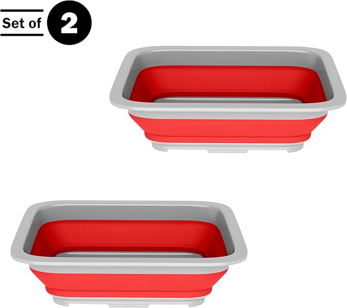 Set of 2 Multipurpose Wash Bins – 10-Liter Basins for Camping, Parties, or Cleaning – Collapsible Bucket Set by Wakeman (Red)