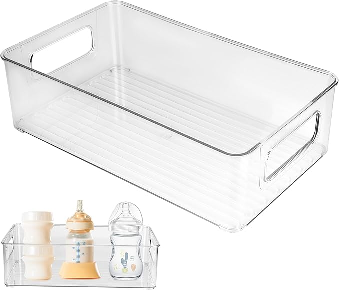 Plastic Baby Bottle Nursery and Food Organizer Storage Holder Bin with Handles for Closet, Cupboard, Cabinet, Drawers, Shelves Holds Canned Food, Bottles, Formula Ligne Collection, Clear