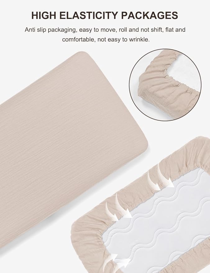 Khaki Pack and Play Sheets, 100% Muslin Cotton Mini Crib Sheets Fitted 39"x27", Soft Breathable Pack N Play Playard Mattress Pad Cover for Boys and Girls (46P-08)