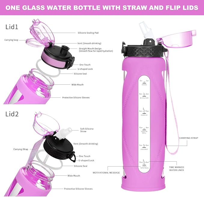 GOPPUS Glass Water Bottles with Straw and Flip Lid, Motivational Water Bottles with Time Marker Reminder and Silicone Sleeve, Leakproof, BPA Free (32 oz, Purple)