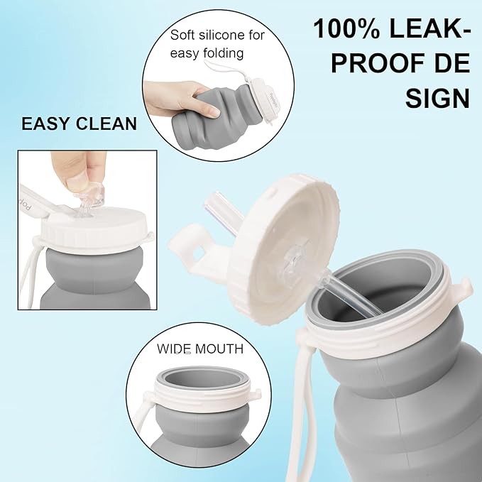 Collapsible Water Bottles,BPA-Free Leak-Proof Silicone Foldable Water Bottle Cup 20.6oz,Durable Lightweight Bottle for Gym Travel Camping Hiking Running (Type2 grey little 320ml)