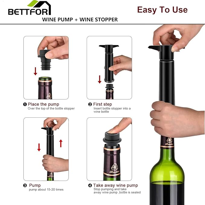 Wine Saver Pump with 4 Vacuum Wine Stoppers, Wine Bottle Stoppers with Food Grade Silicone Leak proof Keep Fresh Suitable for All Standard Wine Bottles