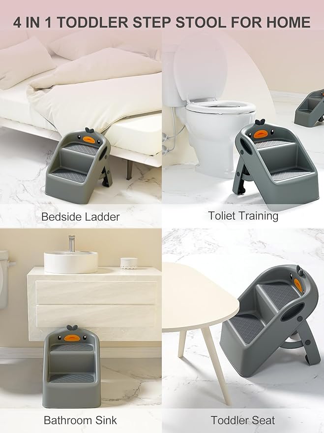Toddler Step Stool Dark Grey, Foldable 2 Step Stool for Kids Bathroom Sink Potty Toilet, 15" Height(11" Two Steps & 4" Back Support), Cute & Lightweight Gift to Give Todders 1-3 More Independence