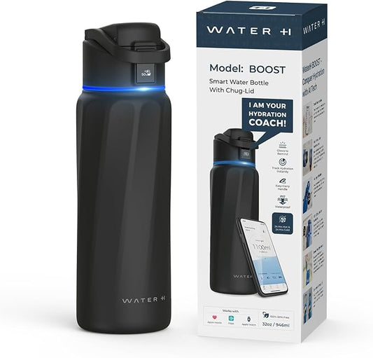 BOOST Smart Water Bottle with Reminder to Drink Water & Water Tracker Bottle - Double Wall Vacuum Insulated Water Bottle Stainless Steel, Wide Mouth 32 oz Water Bottles, Ideal for Gift - Black