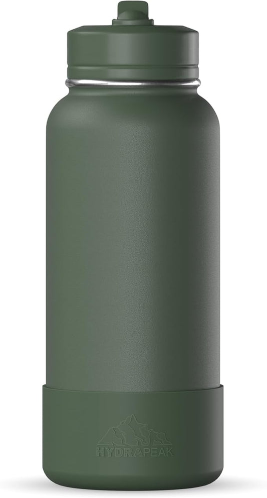 Hydrapeak 32oz Sport Insulated Water Bottle with Straw or Chug Lid, Leak & Spill Proof, Keeps Drinks Cold for 24 Hours, Hot for 12 Hours, Premium Stainless Steel Water Bottles (32oz, Thyme)