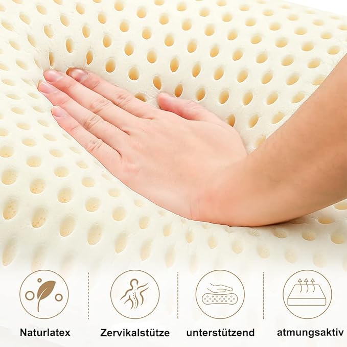 Royalisneeo 100% Talalay Latex Pillow, Medium Soft, Foam Rubber Pillow Helps Relieve Pressure,Perfect Package with Cotton Cover for Back, Stomach and Side Sleepers(Queen)