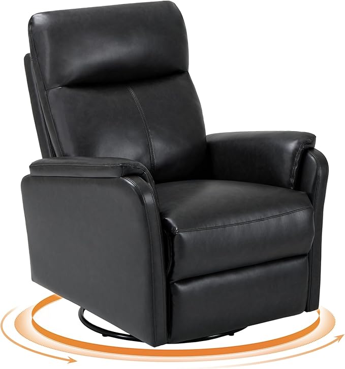 Swivel Rocking Recliner Glider Chair, Leather Reclining Rocker Chair with Footrest for Living Room, Nursery, Office, Bedroom, Ergonomic High Backrest, Wide Seat Cushion and Metal Base-Charcoal
