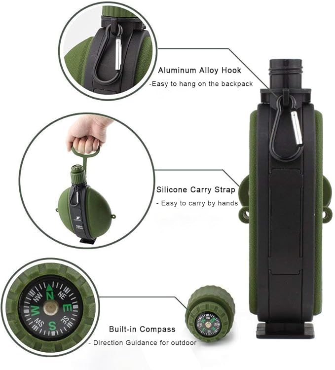 Collapsible Water Bottle 19.8 oz,Silicone Foldable Canteen Kettle,Water Jug with Compass for Outdoor Camping,Hiking, Backpacking,Traveling (Green)