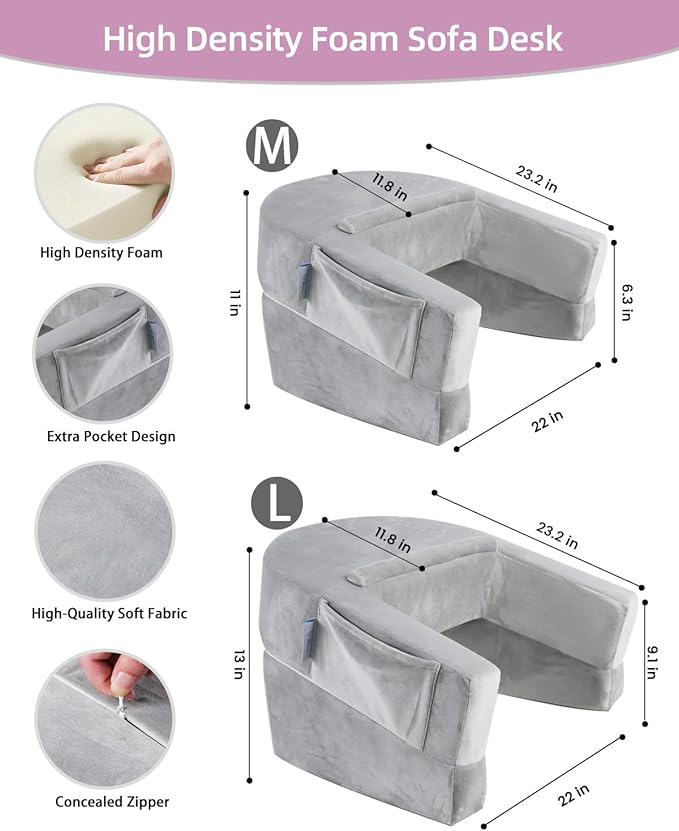 Weighted Idea Reading Pillow for Gaming, Meduim Gaming Pillow for Adult,Table Pillow with 2 Side Pockets for Gaming, Reading, Working Sitting in Bed Floor Sofa (Grey)