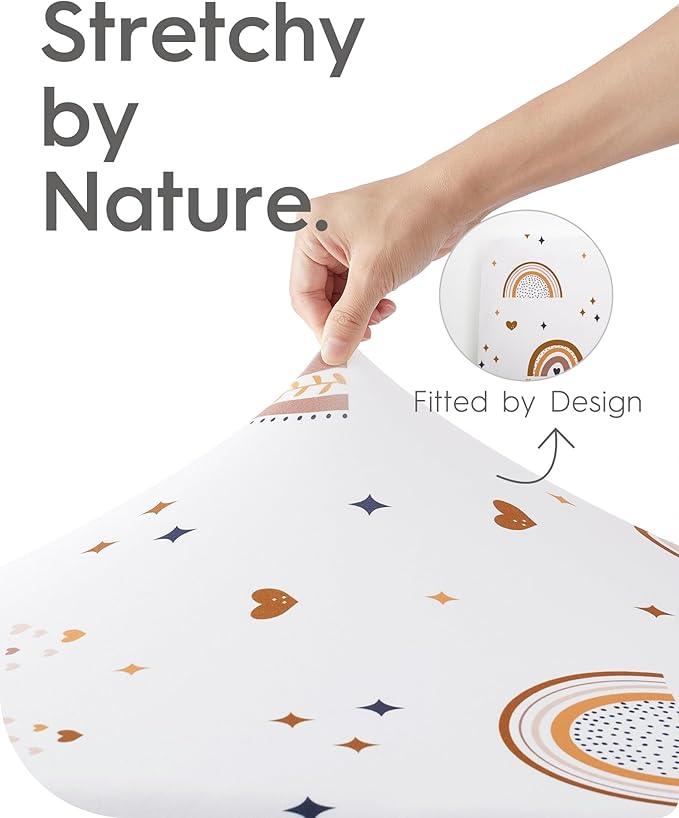 Pack N Play Sheets Fitted, TotBasic Ultra Soft Boho Rainbow Mini Crib Sheets, Premium Jersey Knit Pack and Play Sheets, Stretchy Neutral Play Yard Sheets for Pack and Play Mattress, 2 Pack