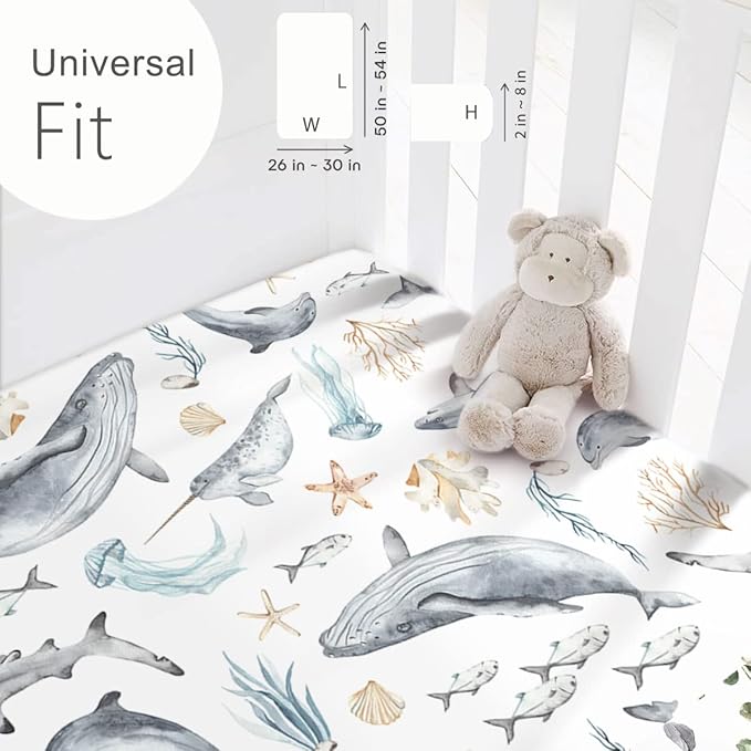 GRSSDER Stretchy Ultra Soft Jersey Knit Fitted Crib Sheets Set 2 Pack, Fit All Standard Crib Mattresses Safe and Snug, Beautiful Marine Organism for Boys and Girls