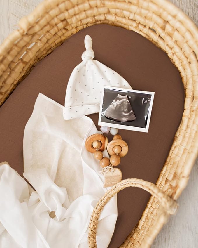 Blissful Diary Muslin Bassinet Sheets for Baby Girls Boys, Boho Soft Cotton Fitted for Oval Hourglass Rectangle Mattress, 2 Pack(Sunshine&Brown)