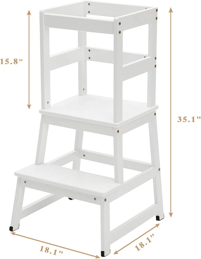 Kitchen Step Stool for Toddlers and Kids with Safety Rails for Kitchen Counter Solid Wood (White)