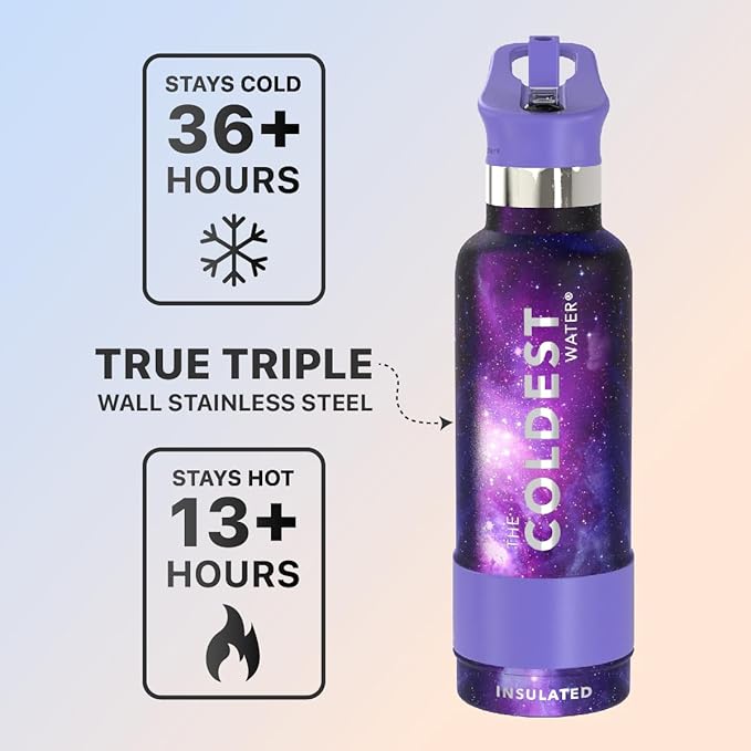 Coldest Water Bottle with Standard Mouth Straw Lid Metal Thermos Vacuum Insulated Stainless Steel l Reusable Leak Proof Cupholder Flask (21 oz, Astro Purple)
