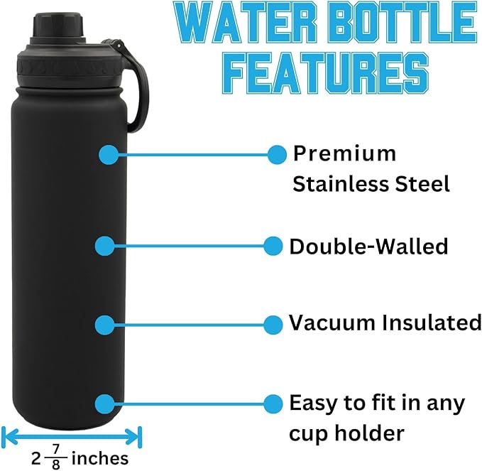 Clemson University Water Bottle - Black Double Walled Stainless Steel 24 oz Keeps Drinks Cold or Hot