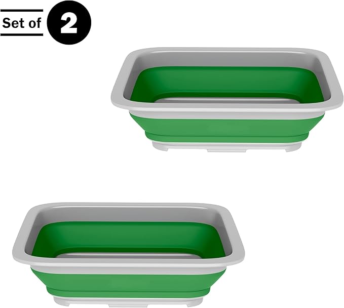 Set of 2 Multipurpose Wash Bins – 10-Liter Basins for Camping, Parties, or Cleaning – Collapsible Bucket Set by Wakeman (Green)