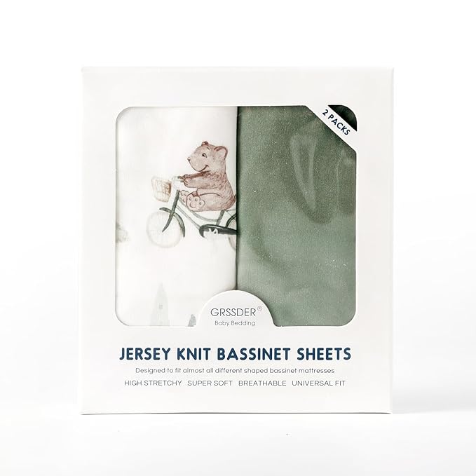 GRSSDER Stretchy Ultra Soft Fitted Bassinet Sheet Set 2 Pack, Universal Fit for Bassinets Baby Cradle Moses Basket Oval Rectangle Mattress Safe and Snug, Stylish Bassinet Sheets of Cars Print for Boys