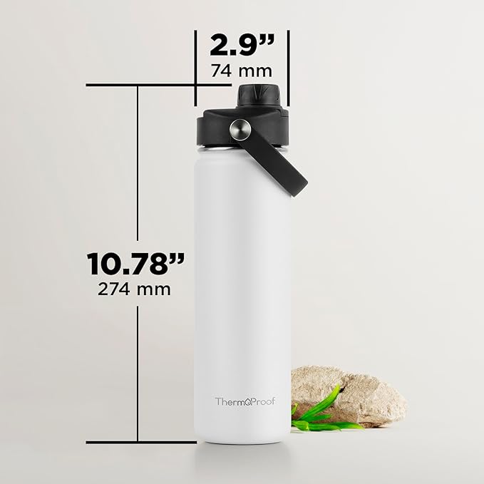 ThermoProof Hot & Cold Insulated Stainless Steel Water Bottle, Durable Leak Proof Gym Bottles for Men, Women & Kids, Double Walled Vacuum Bottles - 2 Lids (White, 22oz)