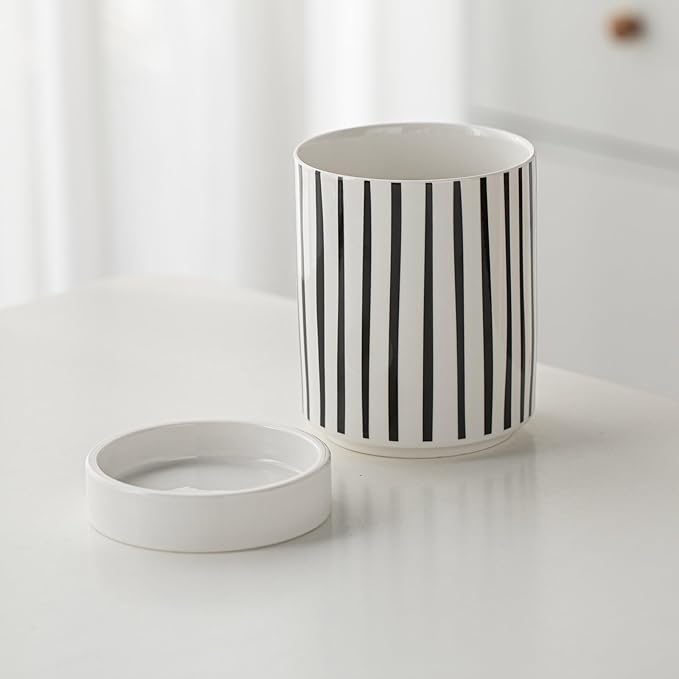 Small Utensil Holder for Kitchen Counter 4.1 x 6 Inches Ceramic Cooking Utensil Crocks Countertop Organizer Vintage Farmhouse Kitchen Decor Caddy,Stripe