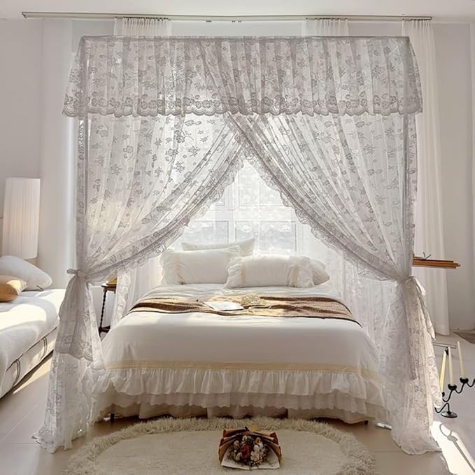 Elegant Princess 4 Corner Post Mosquito Net Romantic for Girls Women Bed Curtain Canopy for Adult Wedding Bedroom Kids Rooms Decoration (Type2-Beige-White, Queen)