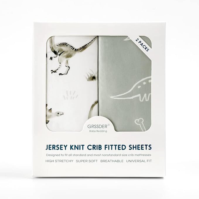 GRSSDER Stretch Ultra Soft Jersey Knit Fitted Crib Sheets Set 2 Pack,Fit All Standard Crib Mattress Pads Safe and Snug, Crib Fitted Sheet for Baby, Dinosaur