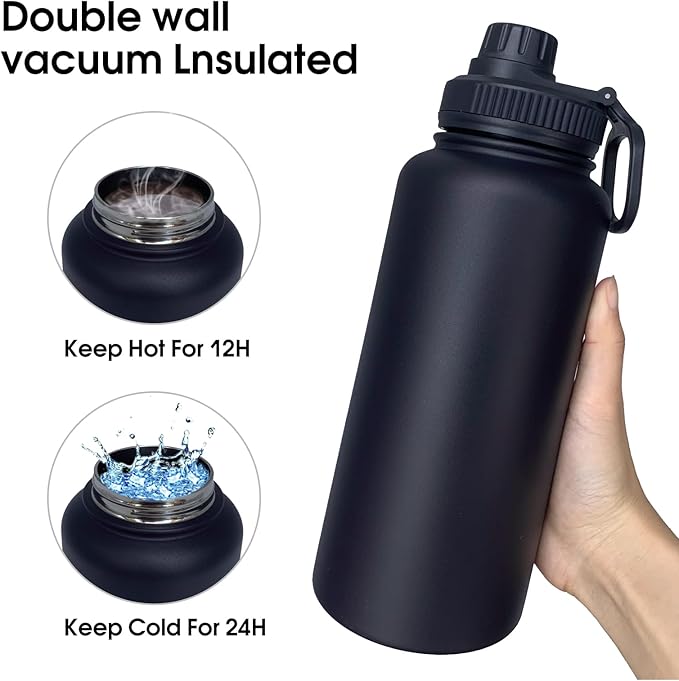 32oz Insulated Water Bottle ,Stainless Steel Sports Water Cup Flask with 2 Lids, Wide Mouth Travel Thermal Mug,Outdoor Sports Bottle(Blue Black)