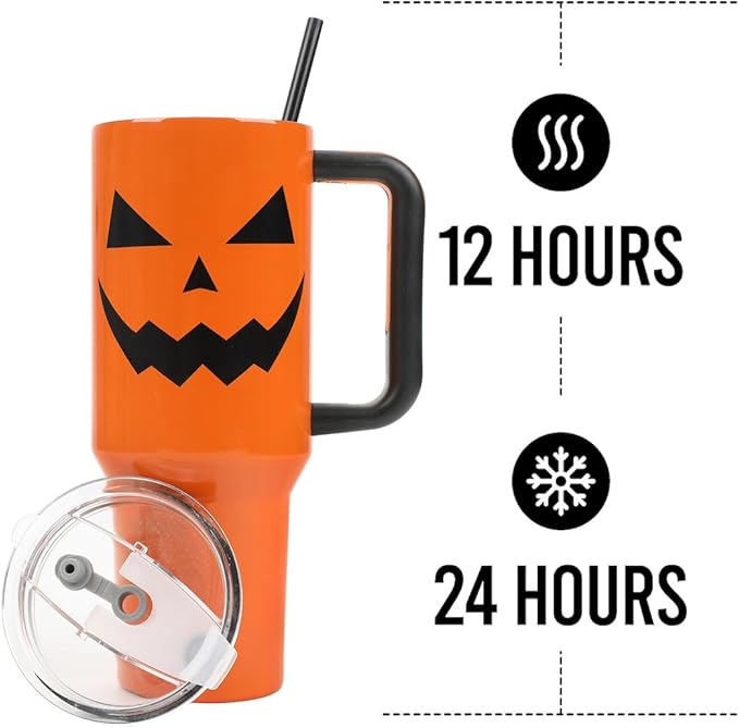 Bioworld Halloween Jack-O’-Lantern 40 Oz Orange Stainless Steel Tumbler With Handle